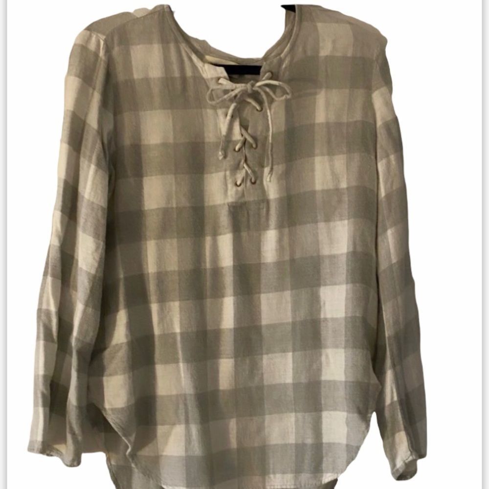 cloth & stone Plaid Lace-Up Peasant Blouse in Beige and Cream
